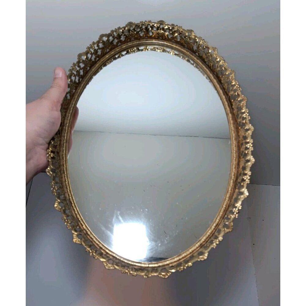 Antique Ornate Gold-Framed Oval Wall Mirror Tray Hollywood Regency 14" x 10"